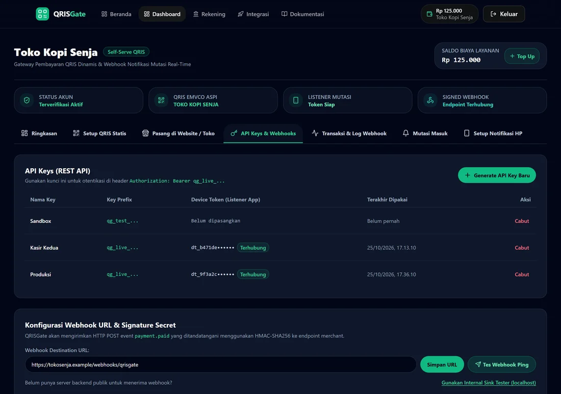 Halaman API keys QRISGate menampilkan key prefix, device token listener, dan konfigurasi webhook secret